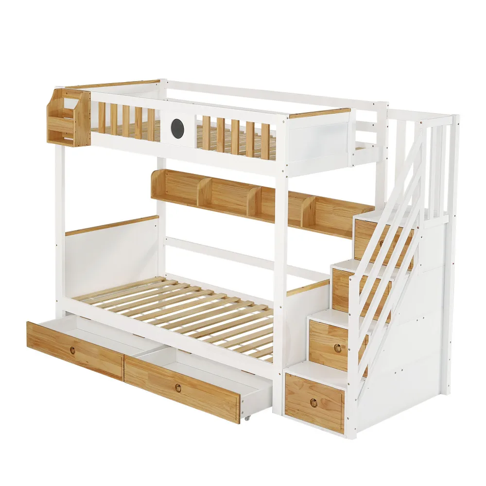 PINGGO Weißes Naturholz-Etagenbett 90x200cm mit Stauraum-Treppe, 4 Schränken, 2 Schubladen, offenem Regal, Fallschirmgitter, Kiefer+MDF, ohne Matratze – Detail 15