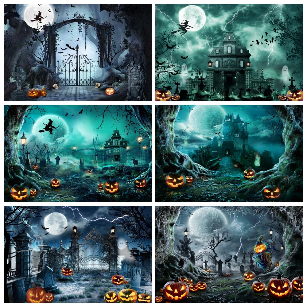

Halloween Backdrop Night Moon Castle Witch Cemetery Scary Halloween Party Photography Background Photostudio Photobooth Props