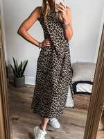 Light French Beige Oversized Leopard Sleeveless Casual Long Dress