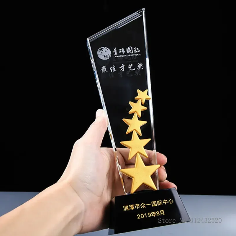 

Индивидуальный хрустальный трофей, золото, серебро, медь, красный, пять звезд, надпись, награда за ежегодное собрание чести, домашний декор, 1 шт.