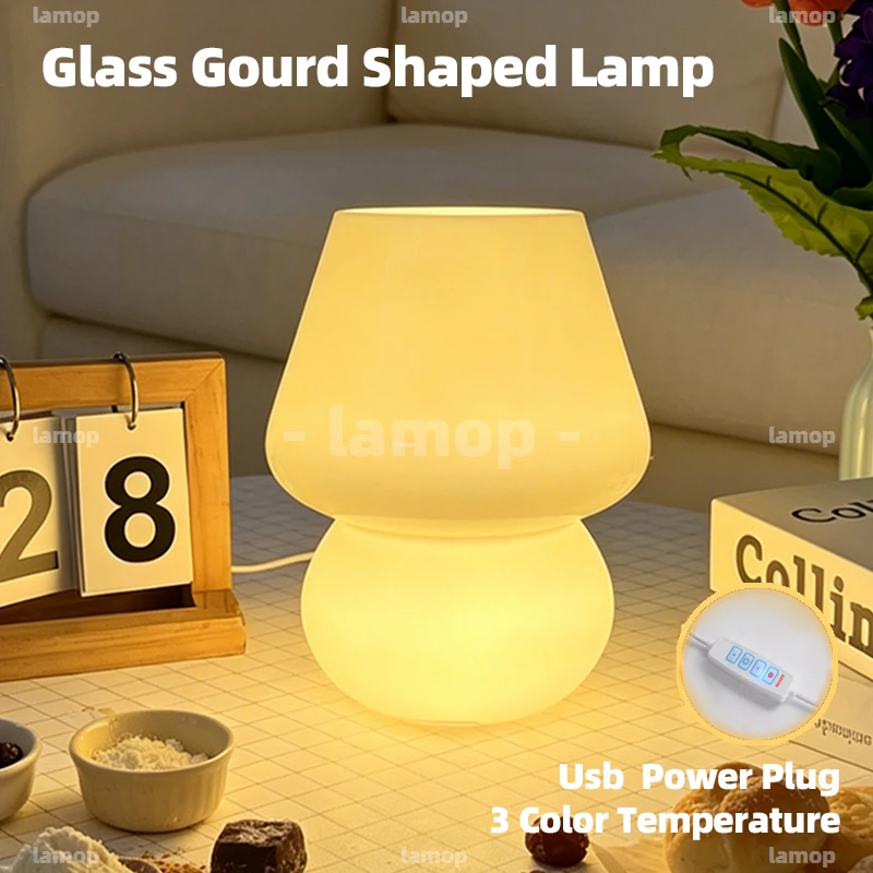 Round‑Belly Gourd Glass Table Lamp Italian Minimalist Simple Versatile Desktop Table Lamp for Korean‑Style B&B Bedroom Study Liv