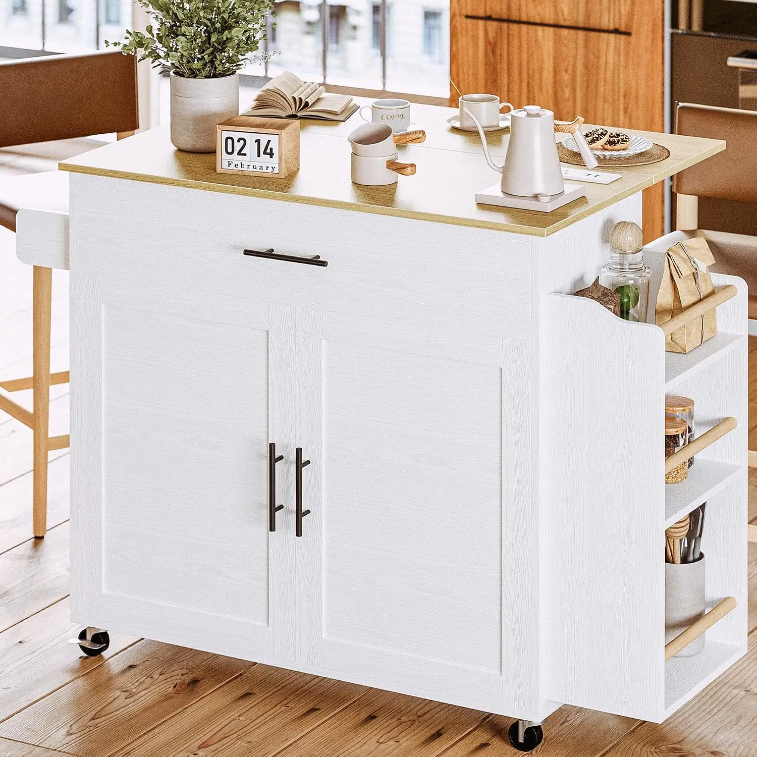 Isla de Cocina con Almacenamiento, Isla de Cocina Rodante con Ruedas y Tablero Abatible, 3 Estantes Abiertos para Especias, Armario con Puerta, Cajón, Kit
