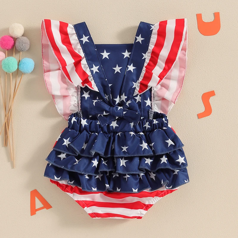 Independence Day Toddler Girls Rompers American Flag Print Ruffles Sleeveless Infant Bodysuits Patriotic Jumpsuits Summer