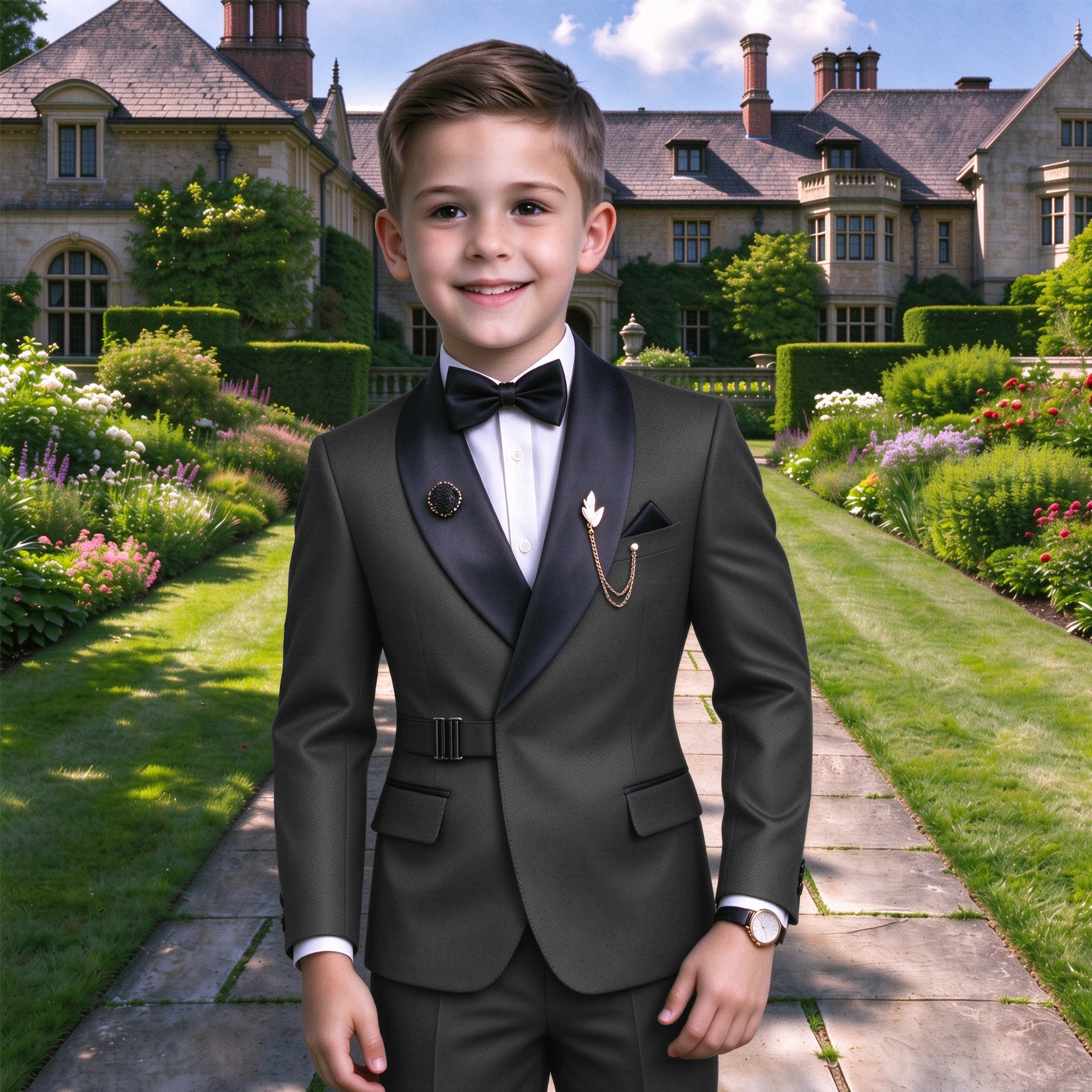 Navy Blue Boy Suits Wedding Kids Tuxedos 2-Piece Formal Satin Black Shawl Lapel Blazer Double Breasted Prom Suits (Jacket+Pants)