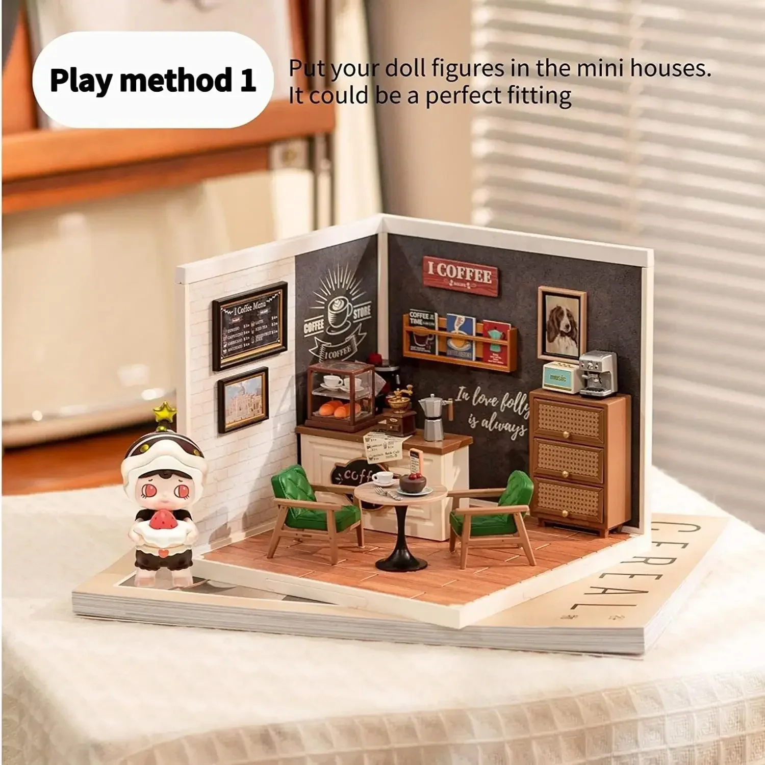 Conjunto de construção de casa de bonecas em miniatura com LED, kit de jogo de café DIY para adolescentes e adultos, presente de brinquedo de construção, decoração de quarto Diorama