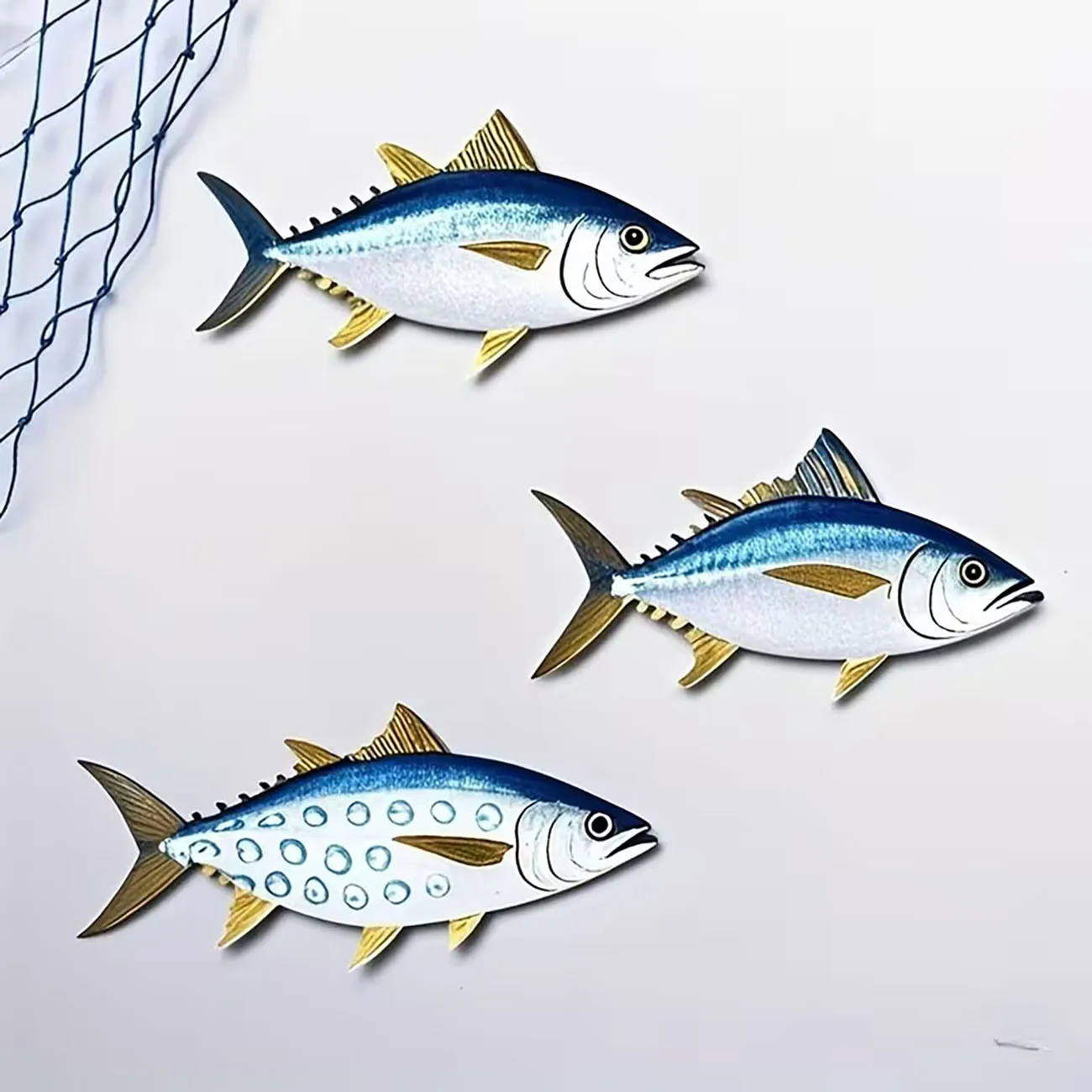 3 Pcs Wooden Tuna Fish Wall Decor 2D Flat Print Blue Gold Marine Wall Art for Nautical Sea Style Home Wall Decoration
