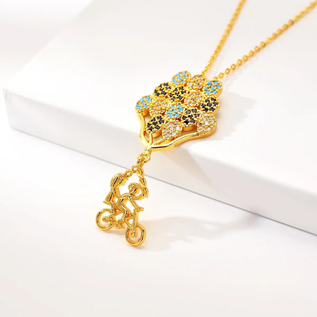 AU999 Gold Necklace Womens Jewelry Balloon Color Diamond Pendant 24K Pure Gold Bicycle Lover Clavicle Chain Gift for Girlfriend