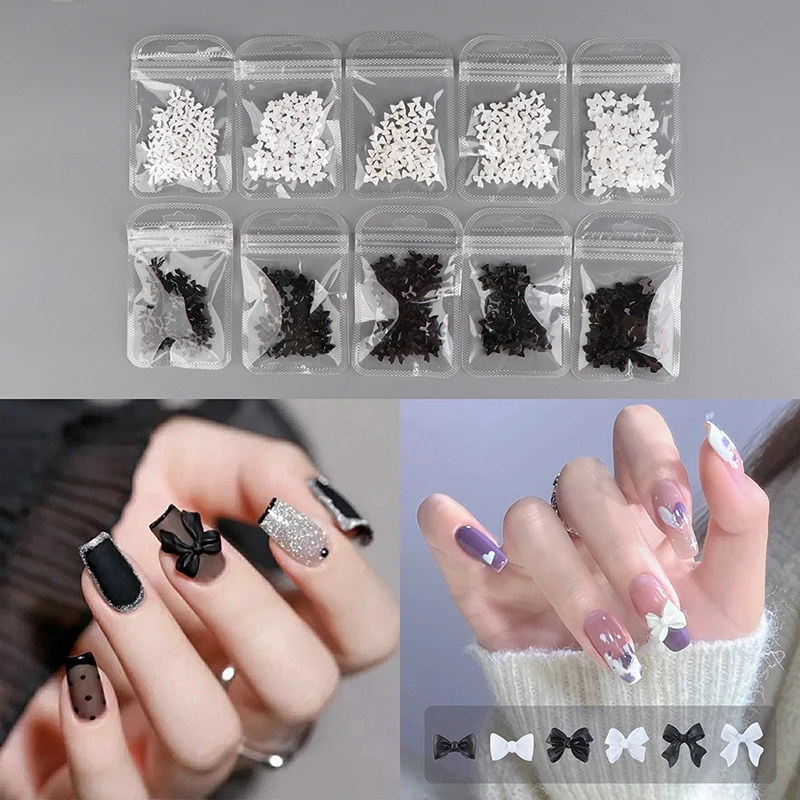 50pcs Bow Resin Nail Art Decoration Black White 3D Long Ribbon Bowknot Ornament Nail Charm Jewelry Design DIY Accessories