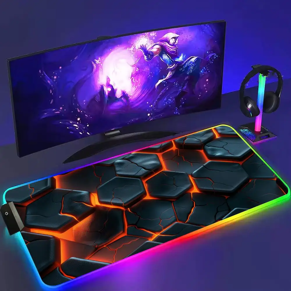 3D Hexagon Mouse Pad Large RGB Gaming Mousepads LED Light Locked Edges Game Accessories Table Pads PC Keyboard Mat XXL 90x40cm