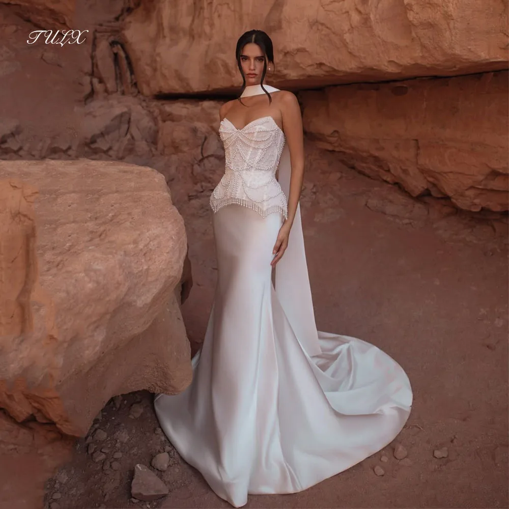 

TULX Luxury Sweetheart Beaded Pearl Wedding Dresses Women 2026 Ivory Satin Bridal Gown Mermaid Long Vestidos De Novia Customized