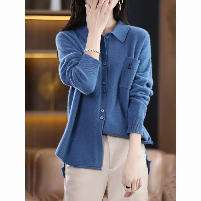 Spring and Autumn Women's Solid Polo with Long Sleeve Knitted Cardigan Embroidery Button Fashion Elegant Casual Formal Tops