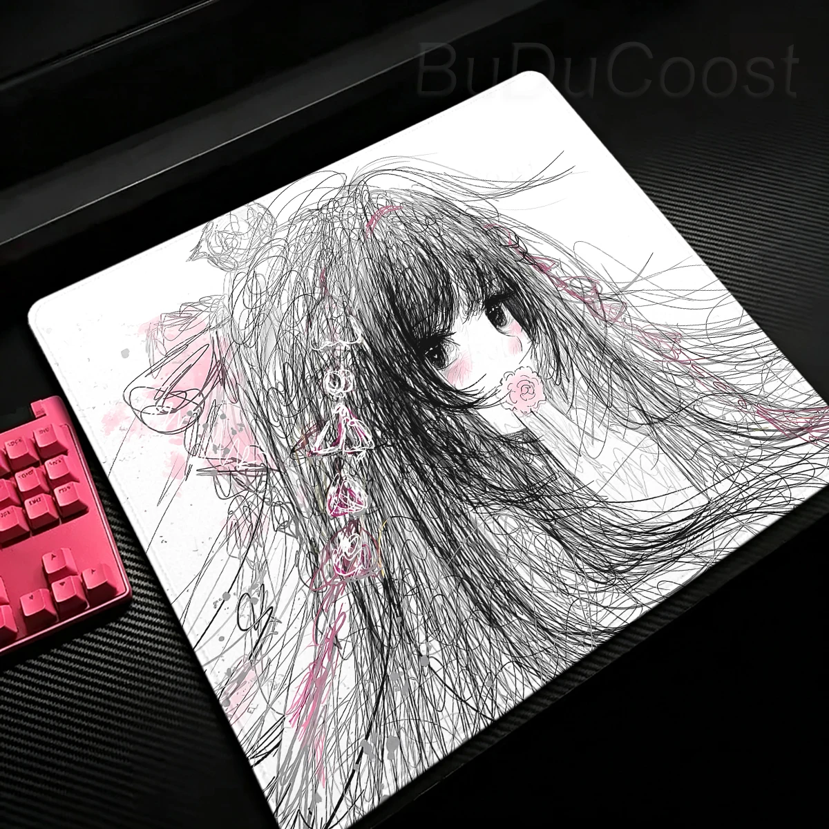 Black White Kawaii Comic Girl Mousepad Minimalist Anime Lines Art Desk Mat Office PC Decort Mouse Pad Gamer Table Mats XS Carpet