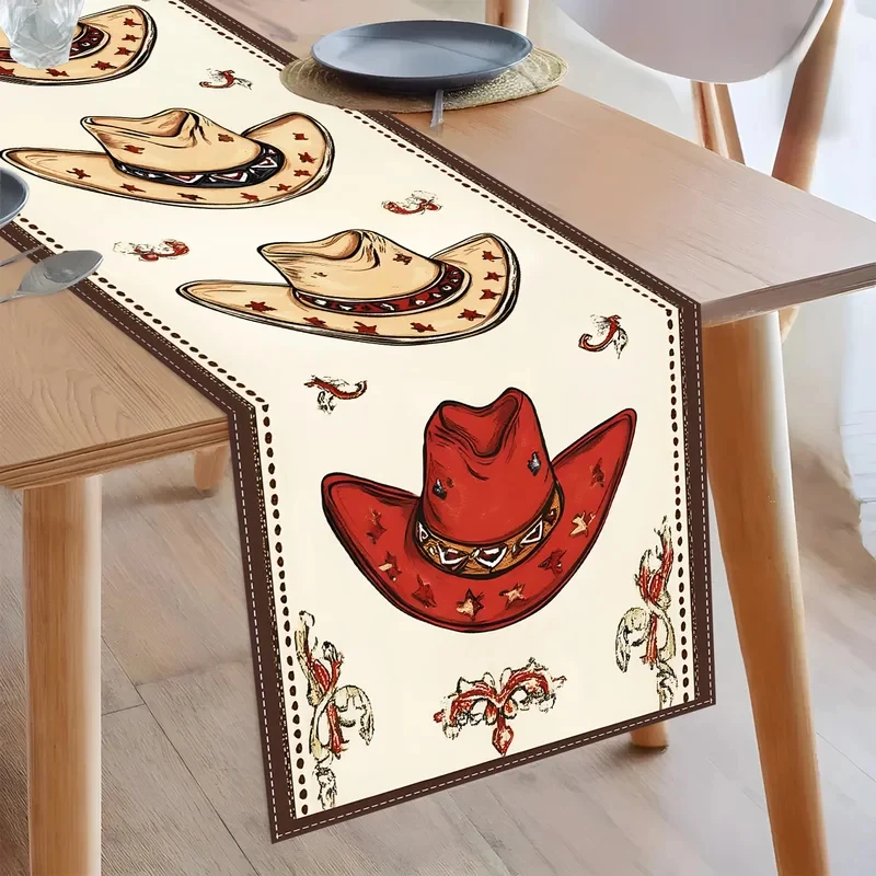 VIKAMA Vintage Western Cowboy Hat Table Runner, Linen Washable Table Scarf Retro Country Rodeo Party Dining Decor