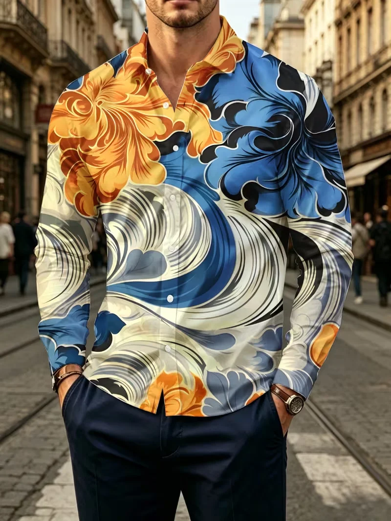 New Greek Herringbone Retro Ethnic Style Contrasting Printed Shirt for Island Vacation Men's Long-Sleeved Shirt
