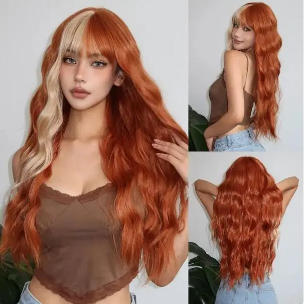 Orange Long Wavy Wig with Bangs Blonde Highlight Wig Natural Wave Holiday Synthetic Hair Wigs Women Heat Resistant Cosplay Wig