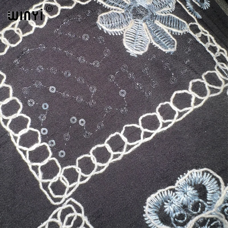 WINYI bestickte, paillettenbesetzte Denim-Strickjacke, langer Daunenmantel, lockeres Kleid, elegantes Party-Maxi-Feiertags-Schwimmen-Cover-Up, modischer Kimono