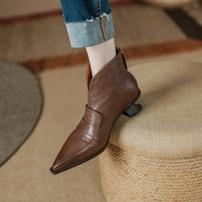 2023 Retro damskie botki oryginalne z wysokiej jakości skóry jesienno-zimowe Pointe noe buty na cienkich wysokich obcasach eleganckie biurowe