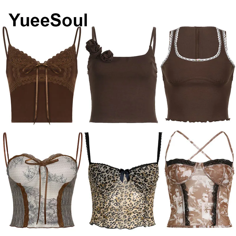 Brown Crop Tops Y2K Vintage Casual Corset Top 2024 New Summer 2000s Sweet Cute High Street Coquette Tank Top Woman clothing