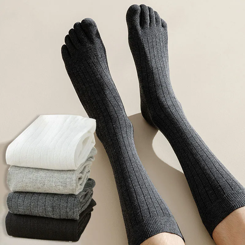 Fashion Knee High Five Finger Socks For Men Solid Color Striped Calf Socks Spring Summer Sweat absorption Split Toe Socks 5 Toes