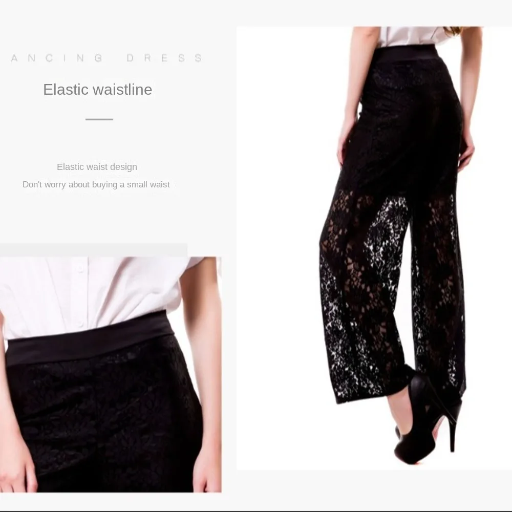 New Elastic Hollow Cropped Trousers Fashion Black Lace Wide Leg Pants Summer Female Cropped Pants