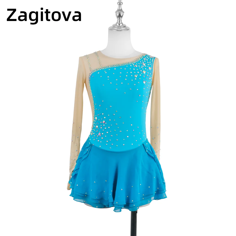 ZAGITOVA Women\'s Girl Ice Figure Skating Dress Competition Performance Long Sleeve Costume Dance Leotard Skirt Oblique Shoulder