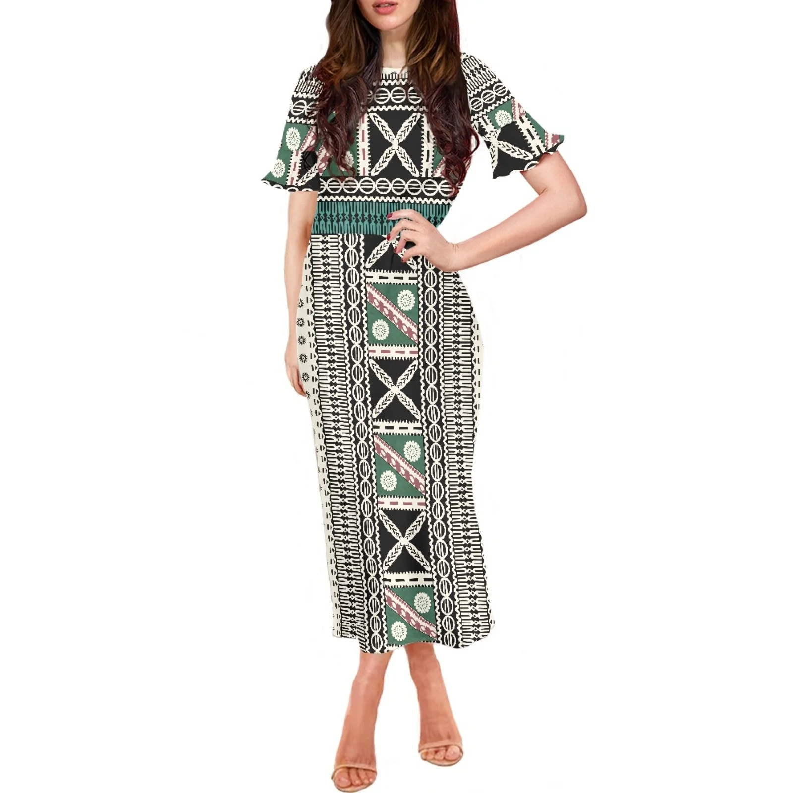 Polynesian Tribal Samoan Totem Tattoo Samoa Prints Bodycon Butterfly Sleeve Dress Women Designer Elegant Beach Summer Holiday