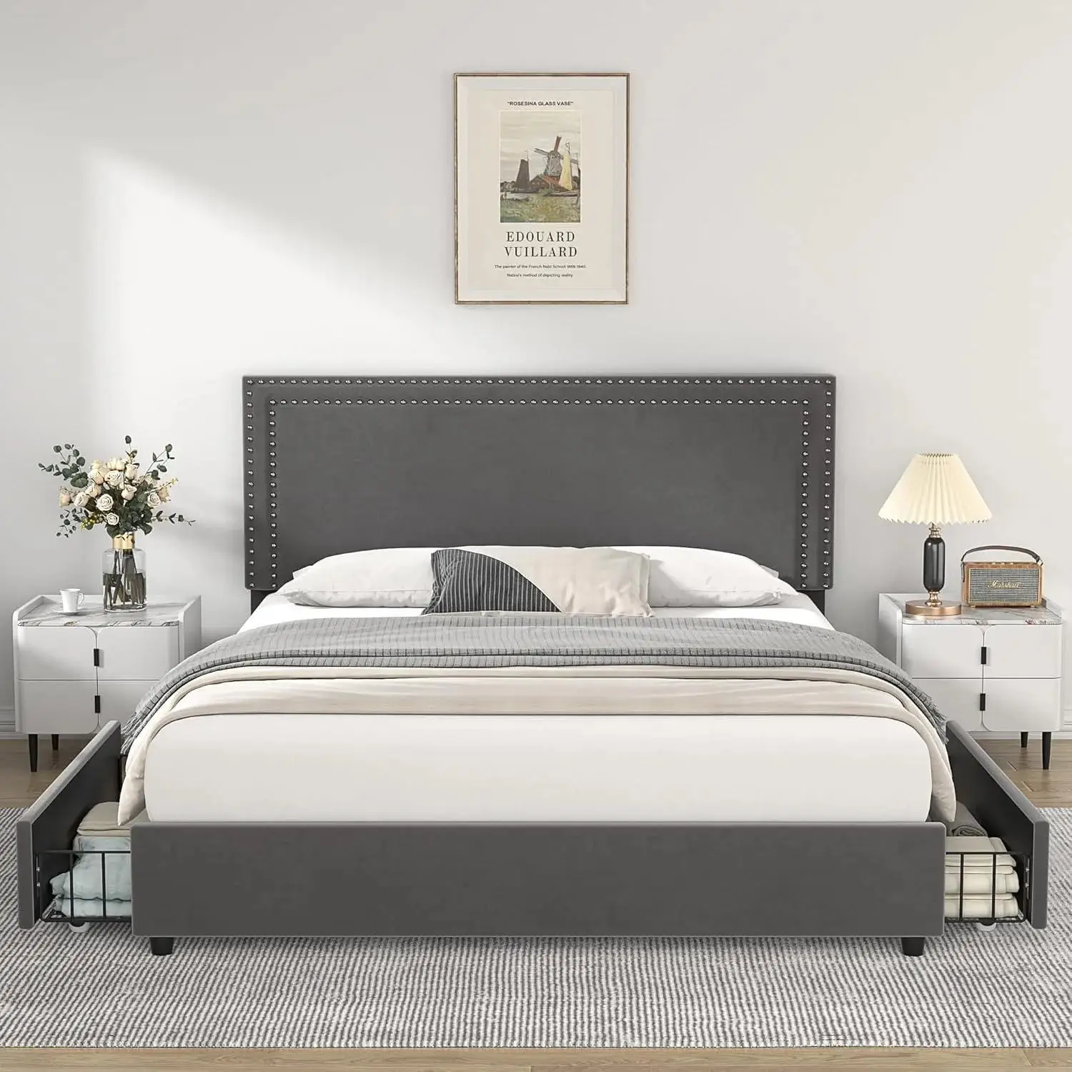 Upholstered Platform Bed Frame with 4 Storage Drawers, Adjustable Velvet Rivets Headboard