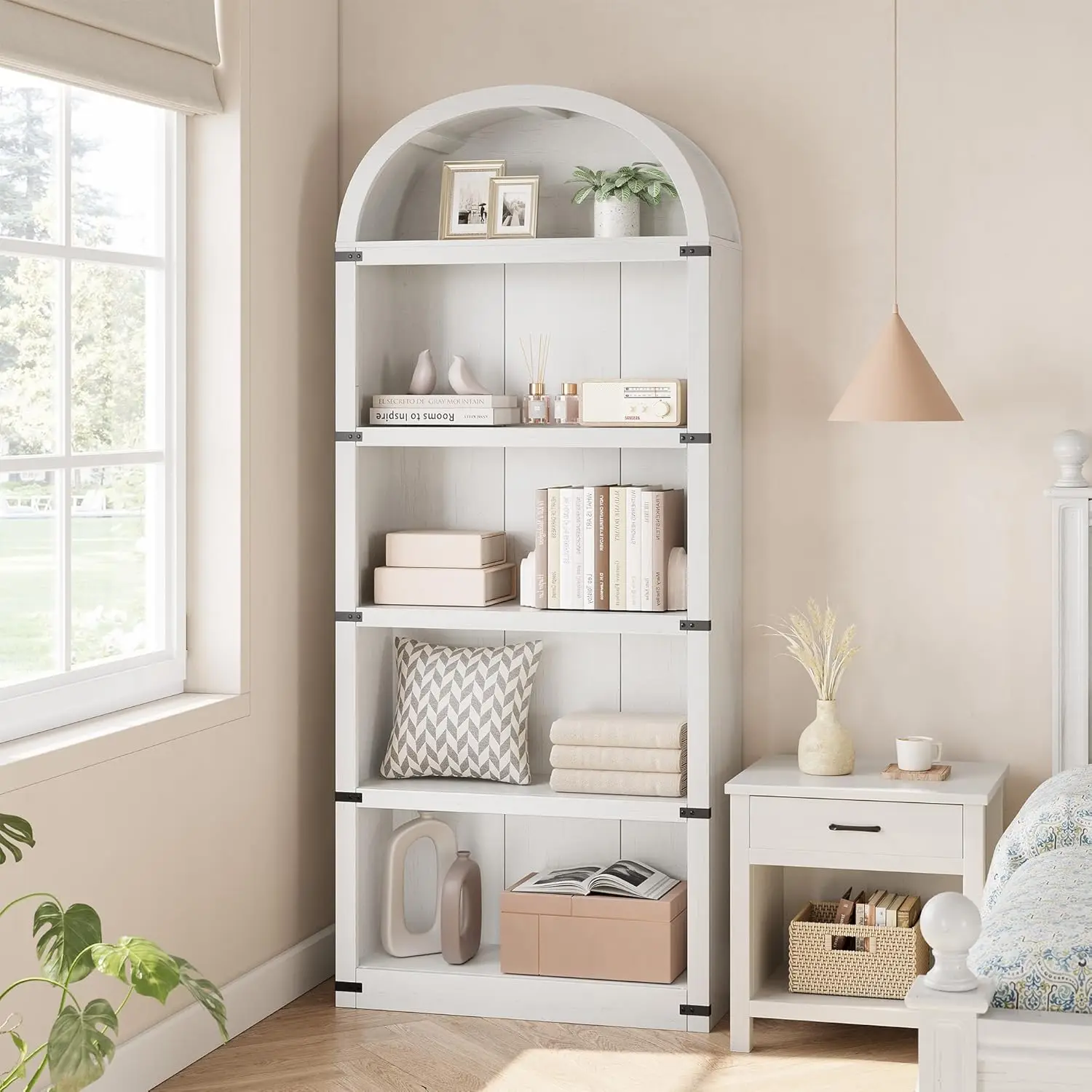 Gewölbtes Bücherregal mit 5 Regalen, 71,65 Zoll hohes Bücherregal, Bauernhaus-Display, Lagerregal, Bücherregale aus Holz für Zuhause, Büro, Wohnzimmer – Detail 14
