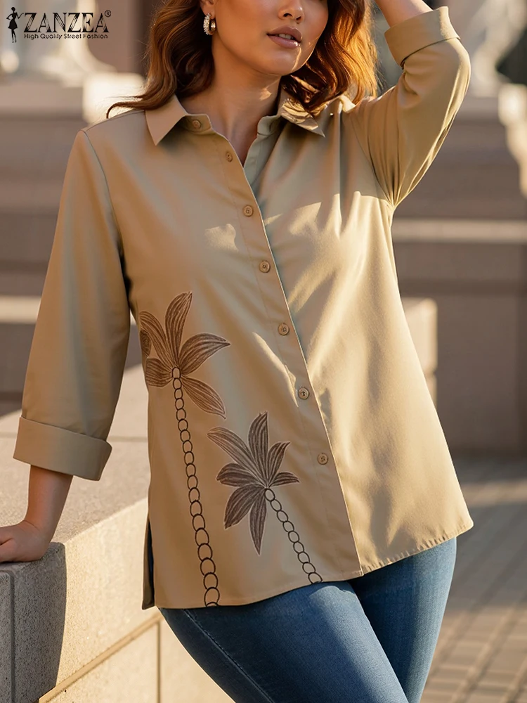 2025ZANZEA Herfst Shirts Vrouwen Bloemen Geborduurde Blouse Casual V-hals 3/4 Mouw Knoppen Blusas Vrouwelijke OL Werk Tops