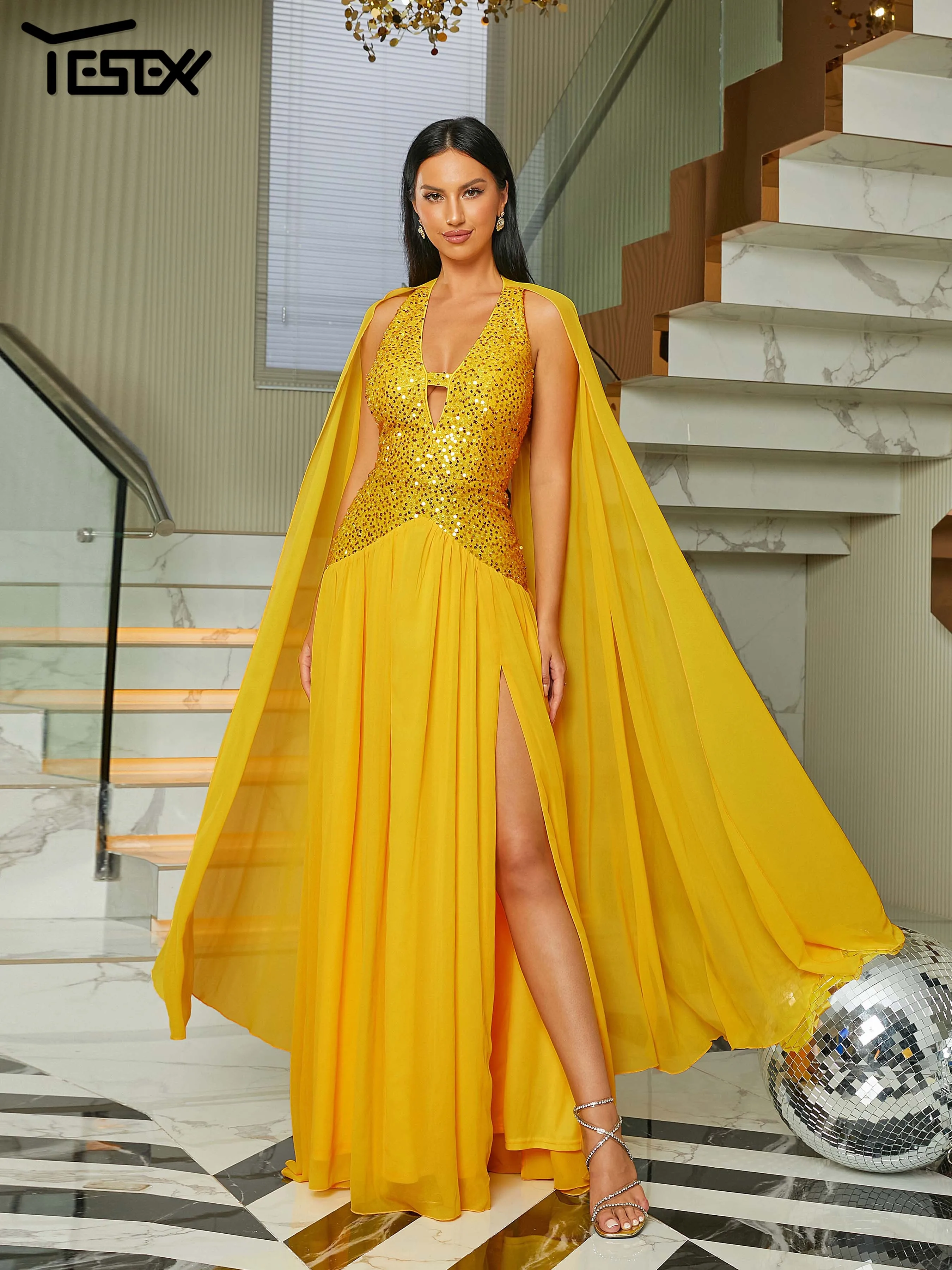 Yesexy-Robe de Soirée Élégante pour Femme, Panneau de Paillettes, Split Everak, Jaune, Robe de Bal, 2023