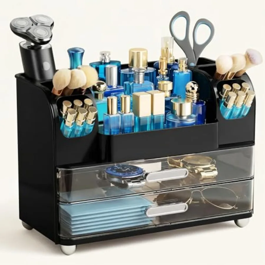 

Большой органайзер для косметики на столешницу в ванную комнату с держателем для кистей и отсеком для парфюмерии для мужчин, черный косметический органайзер