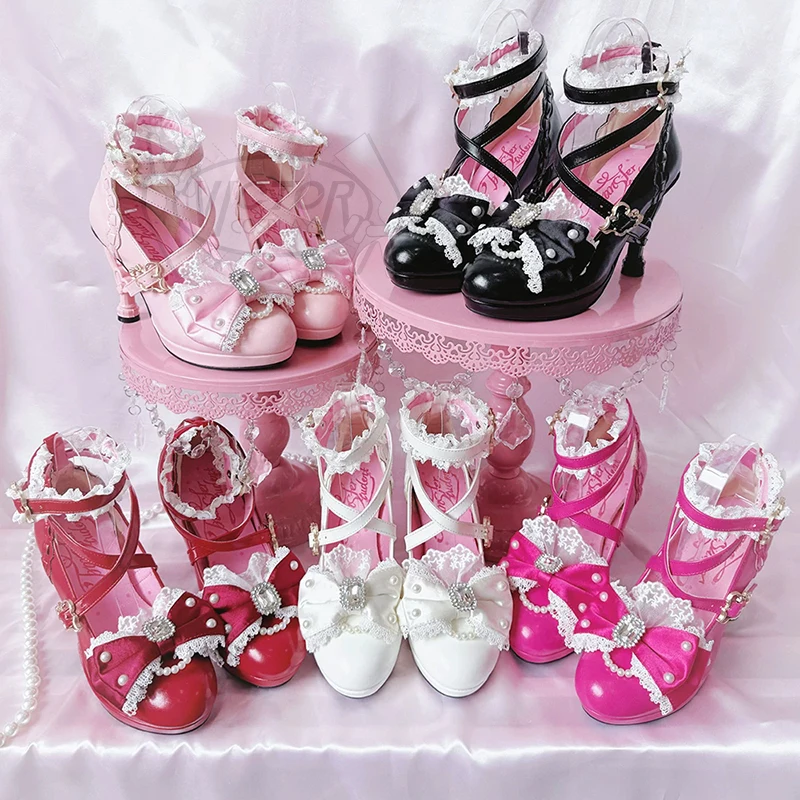 Cross Strap Women High Heels Mary Jane Pumps Wedding Tea Party White Pink Black Ruffles Bow Maid Princess Cosplay Lolita Shoes