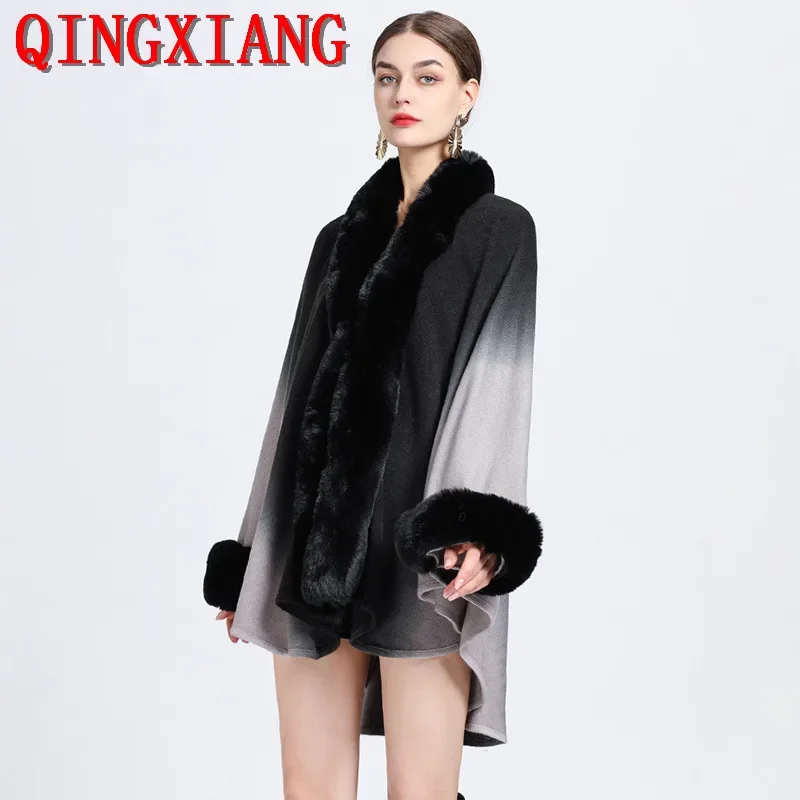 

6 Gradient Colors Women Long Faux Rabbit Fur Collar Poncho Cape Knitted Cardigan Outstreet wear Loose Cloak Batwing Sleeves Coat