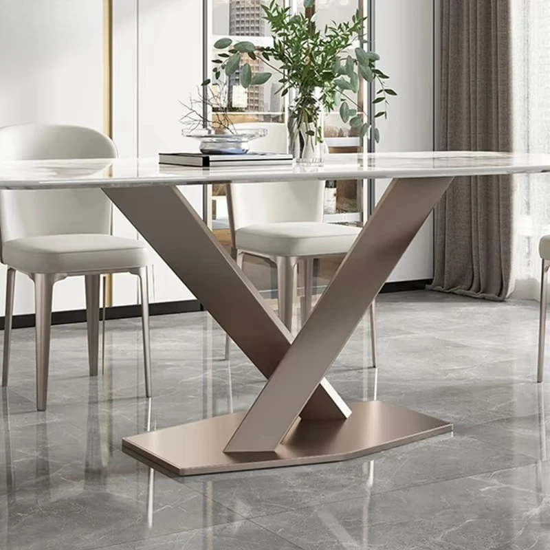 Modern marble dining table with sintered stone countertop and metal base, 6 chairs