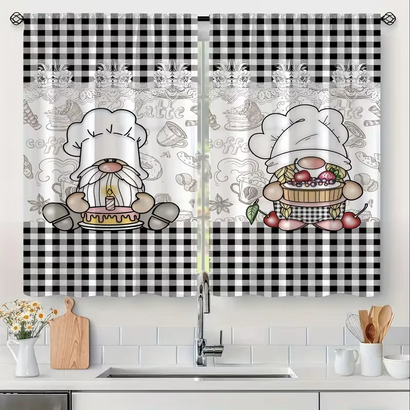 2PC Chef Gnome Curtains - Black & White Buffalo Plaid Print Window Drapes for Kitchen Cafe Decor