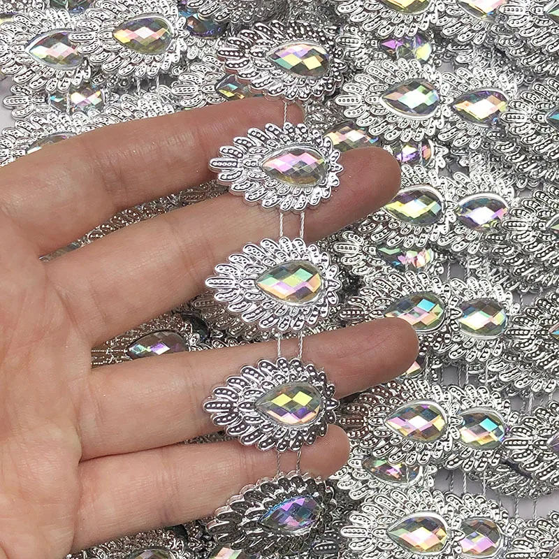 8 Yards 2.6cm Wide Gold Silver Rhinestone Lace Trim Teardrop Crystal Strass Chain Sewing Applique for Bridal Evening Dress Decor