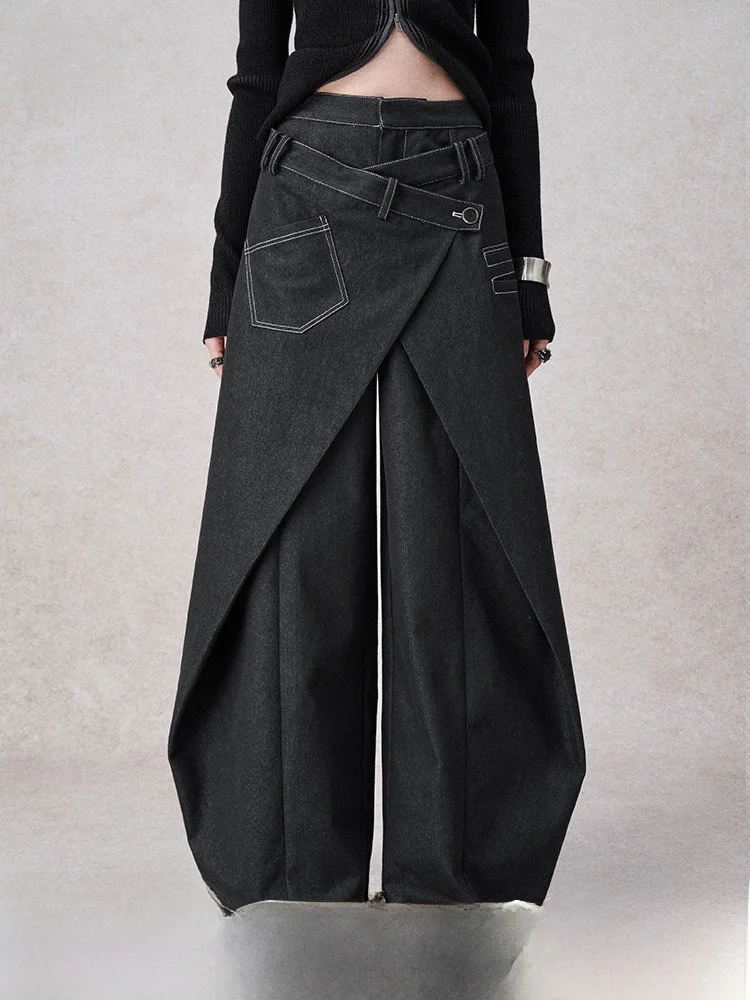 

Design Sensation Fake Two-Piece Loose Wide-Leg Knife Denim Jeans Women High Waist Cotton Stretch Fabric Wear Resistant