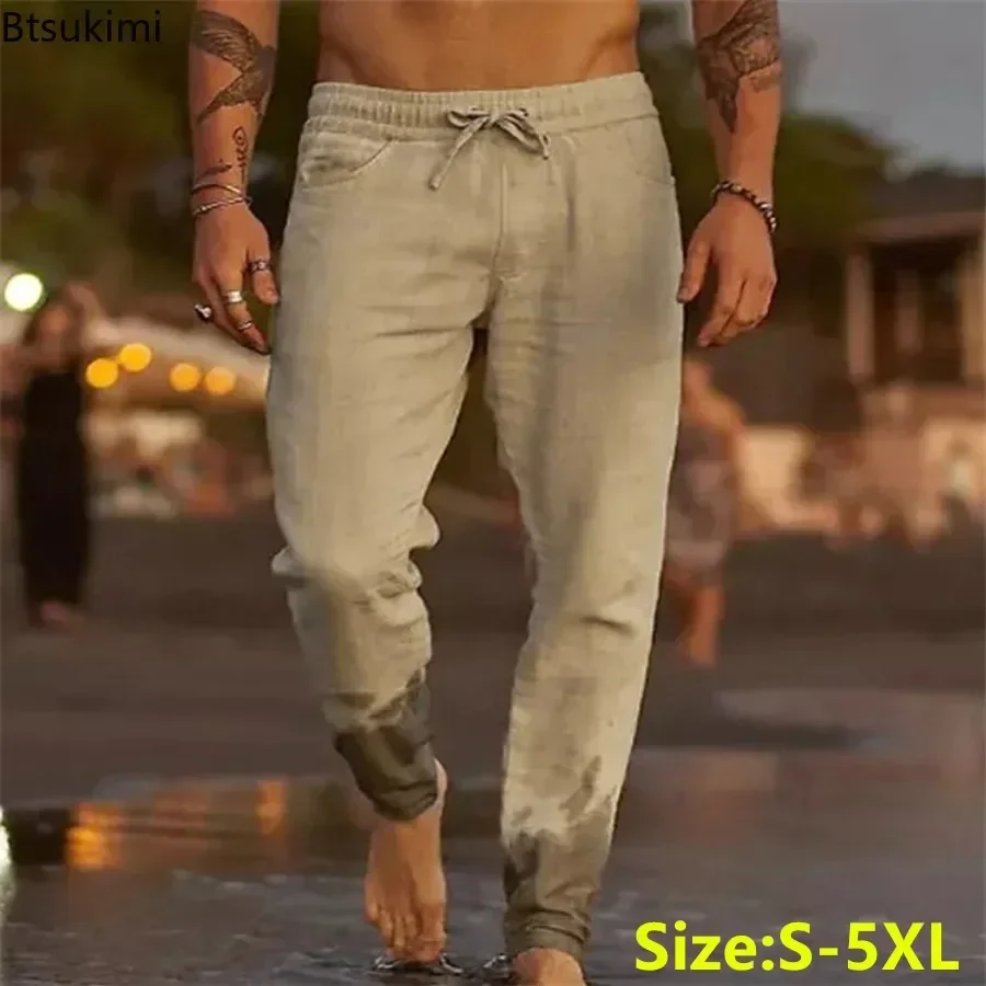 2025 Men's Solid Loose Cotton and Linen Pants Breathable Casual Trousers Man Fashion Simple Drawstring Beach Pants Plus Size 5XL