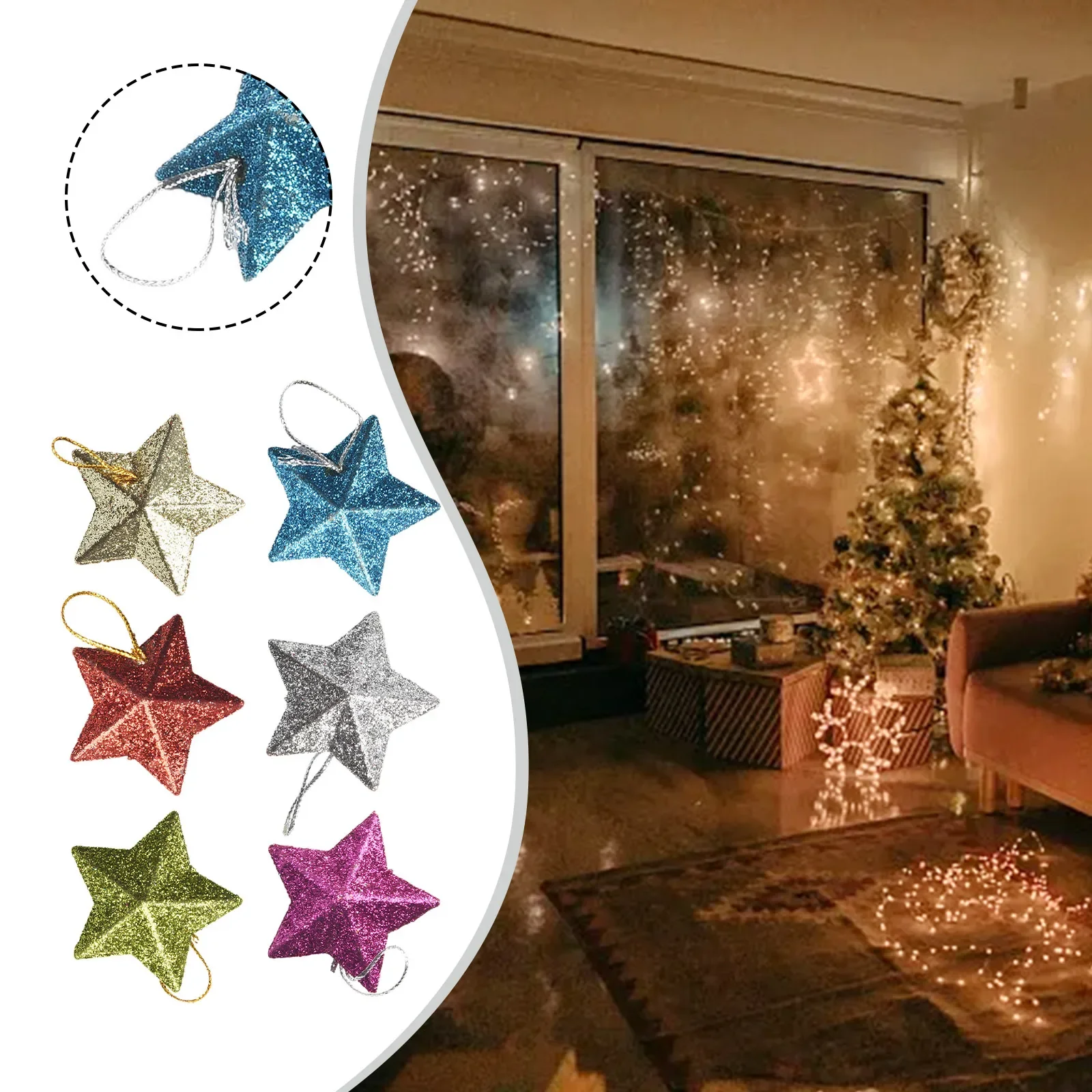 6PCS Glitter Star Pendant Christmas Tree Hangings Decorations Plastic 5cm Stars Craft Ornament For Birthday Party Home Decors