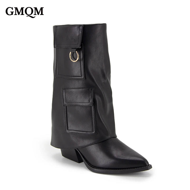 GMQM New Women's Mid Calf Boots Fold Over Decor Rings Pointy Toe Block Heel With Side Zipper Elegance For Dress Party Festival