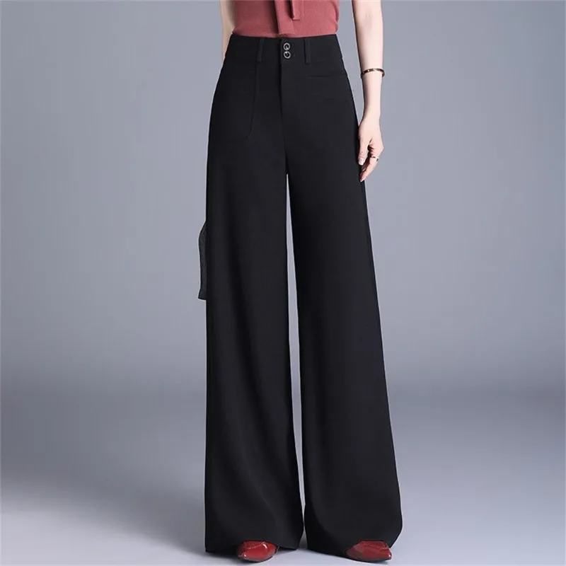 Womens High Waist Double Button Side Pocket Drape Wide Leg Suit Trousers