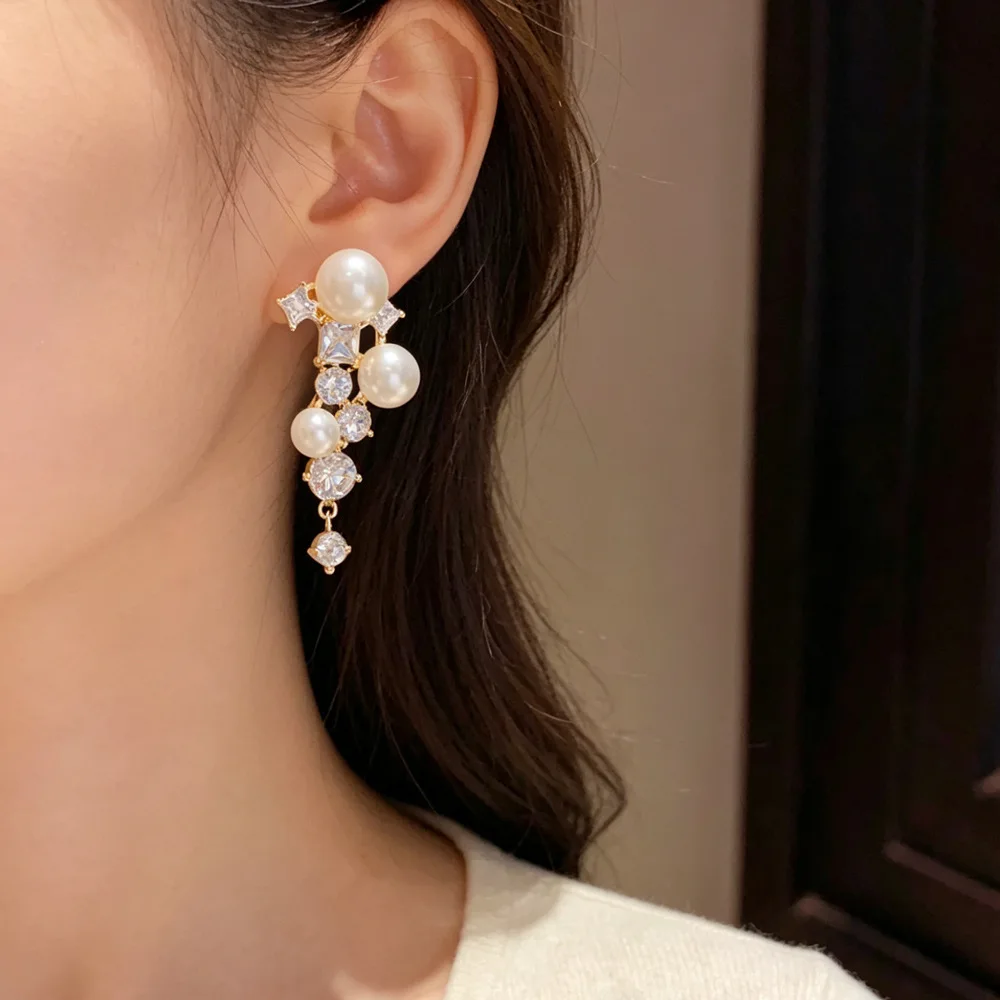 Fashion zircon pearl fringed earrings women's personality light luxury versatile super flash thin earrings