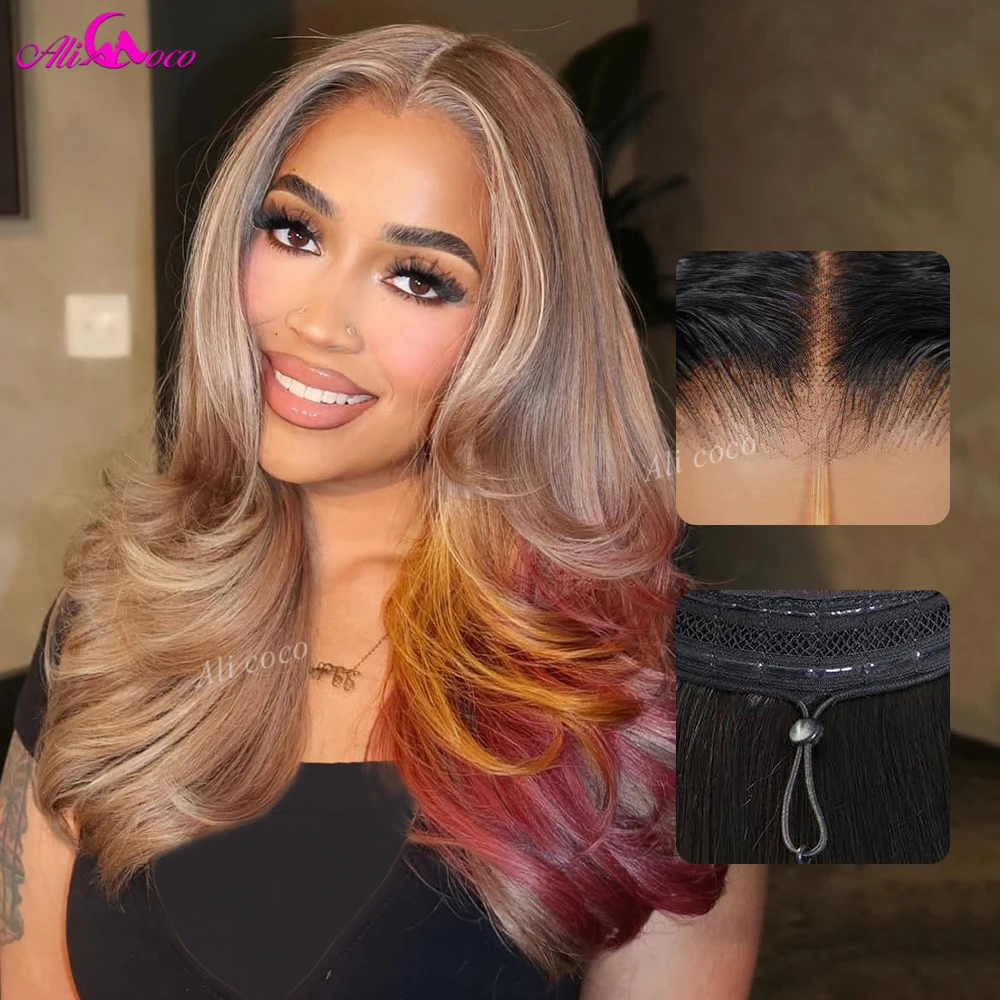 Highlights Orange and Dark 99J 13x6 Lace Front Human Hair Glueless Wig 200 Density Body Wave Drawstring Wig Blonde for Women