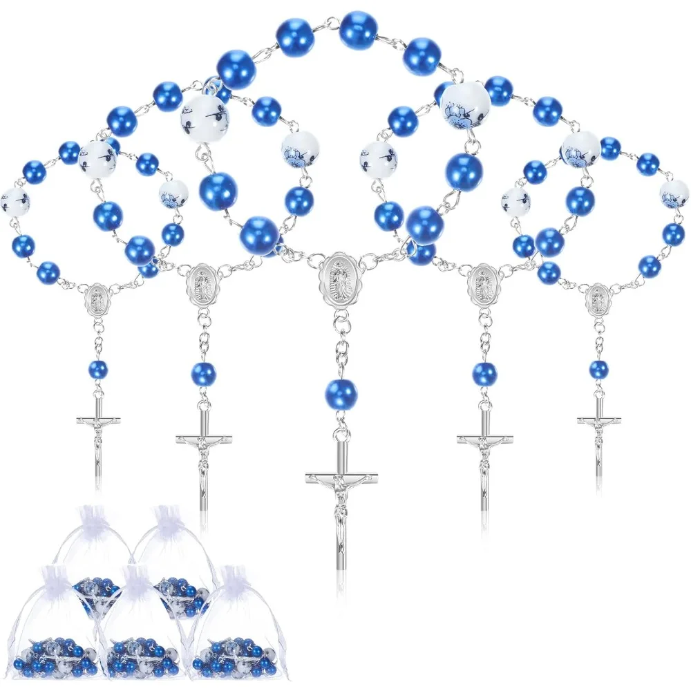 10/20/60 Sets de Mini Rosarios Azul Oscuro para Bautizo + Bolsas de Muselina para Bautizo, Baby Shower, Primera Comunión, Boda y Recuerdos de Fiesta