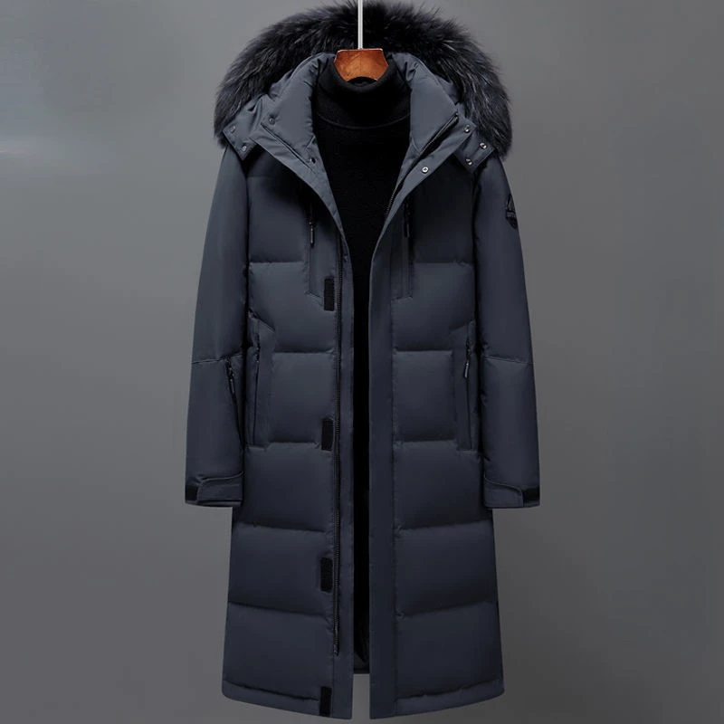 Cold-Proof Middle-Aged Winter down Jacket Men Long Type over the Knee Clothes Thick Large Size Hooded Artificial Fur Collar Coat