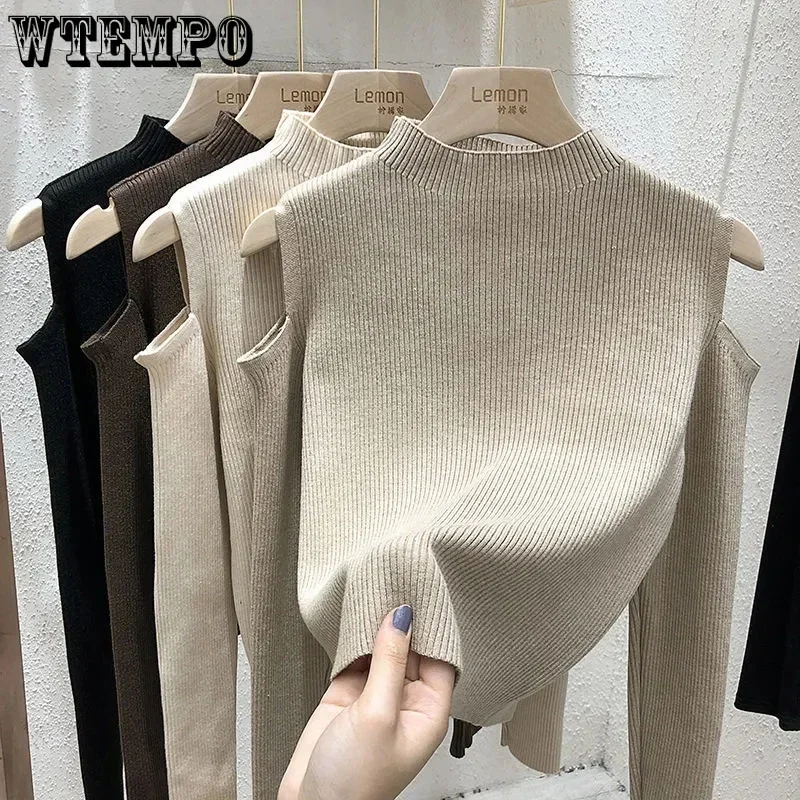 Fashion Sweaters Women Autumn Winter Knitwear Off Shoulder Sexy Pullover Sweaters Half High Neck Knitted Solid Casual Sweater