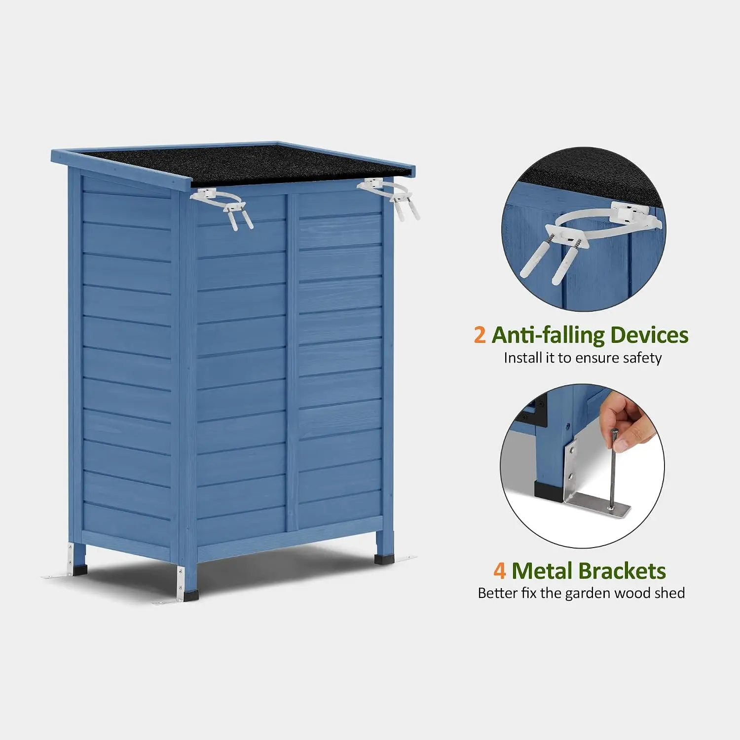 Small Wood Outdoor Storage Cabinet 24.6x18.3x38.2 In Garden Tool Shed Asphalt Roof Removable Shelf 2 Doors 4 Metal Feet Nails for Patio Porch Blue - view 5