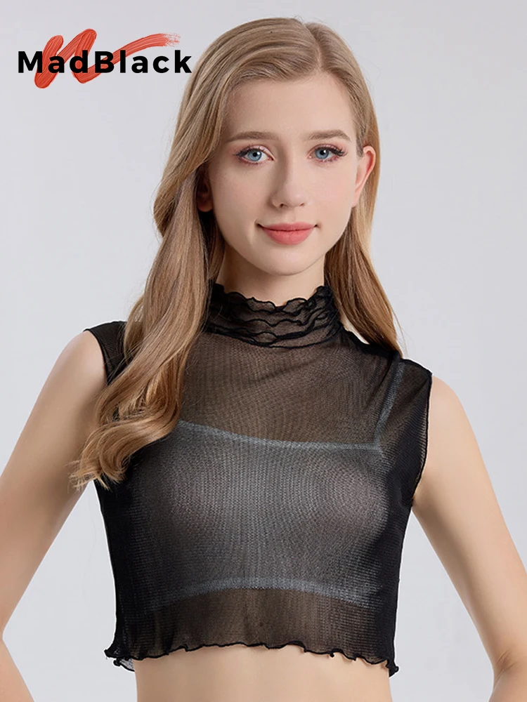 MadBlack-100%Real Silk Elegant Knit Vest, Mock Neck Ruffles Solid, Women Versatile Thin False Collar Top, 2026 Summer T66151CC