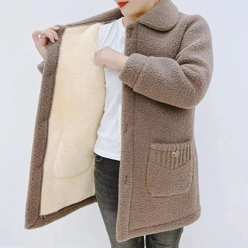 Parkas Woman Winter Jacket New Fleece Thick Single Breasted Mid-Long Cotton Padded Coat Imitation Fur Warm Coat Female Outerwear