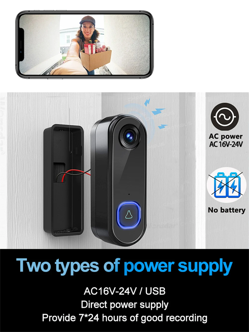Visual WiFi Smart Home Video Doorbell Outdoor Wireless Doorbell US EU UK IP66 Waterproof Low-power Monitoring Intercom Doorbell